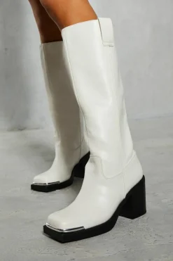 Heeled Boots*MissPap Metal Square Toe Block Heel Boots white