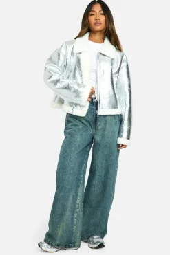 Up To 80% Off Winter Warmers|Aviator Jackets*boohoo Metallic Bonded Aviator Jacket silver