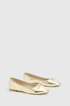 Ballet Flats|Flats*boohoo Metallic Bow Round Toe Ballet Flats gold