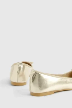 Ballet Flats|Flats*boohoo Metallic Bow Round Toe Ballet Flats gold