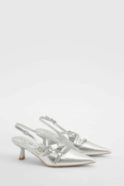Heels*boohoo Metallic Buckle Detail Slingback Court Shoes silver