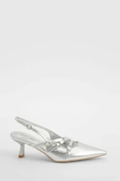 Heels*boohoo Metallic Buckle Detail Slingback Court Shoes silver