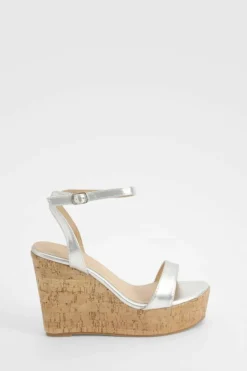 Wedges|Heels*boohoo Metallic Cork Sole Wedges silver