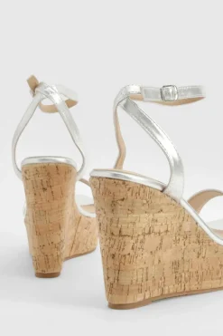 Wedges|Heels*boohoo Metallic Cork Sole Wedges silver
