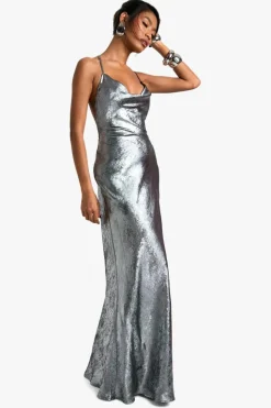Cami Dresses*boohoo Metallic Cowl Maxi Dress silver