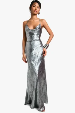 Cami Dresses*boohoo Metallic Cowl Maxi Dress silver