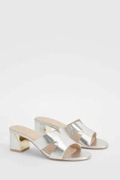 Sandals|Heels*boohoo Metallic Cut Out Detail Block Heeled Mules silver