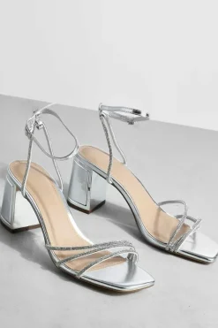 Heels*boohoo Metallic Embellished Low 2 Part Block Heel Sandals silver