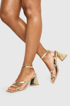 Sandals|Heels*boohoo Metallic Flared Heel Crossover Sandals gold