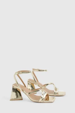 Sandals|Heels*boohoo Metallic Flared Heel Crossover Sandals gold