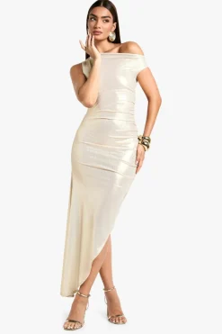 Bodycon Dresses*boohoo Metallic Foil Rib Ruched Maxi Dress champagne