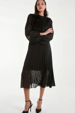 Midi Dresses*Blue Vanilla Metallic High Neck Plisse Midi Dress Black