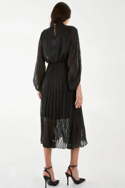 Midi Dresses*Blue Vanilla Metallic High Neck Plisse Midi Dress Black