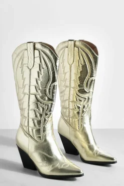Knee High Boots|Cowboy Boots*boohoo Metallic Knee High Western Cowboy Boots gold