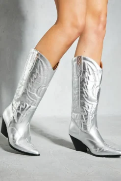 Cowboy Boots*MissPap Metallic Leather Look Western Boots silver