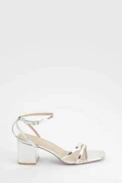 Heels*boohoo Metallic Low Block Asymmetric Barely There Heels silver