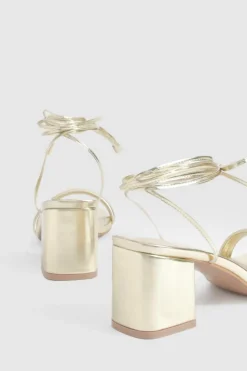 Heels*boohoo Metallic Low Block Wrap Up Heels gold