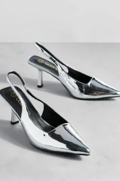 Heels*boohoo Metallic Low Stiletto Slingback Court Shoe silver