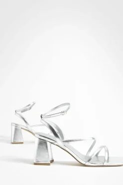 Sandals|Heels*boohoo Metallic Mid Block Heel Strappy Sandals silver