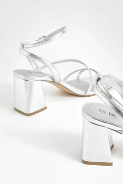 Sandals|Heels*boohoo Metallic Mid Block Heel Strappy Sandals silver