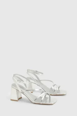 Sandals|Heels*boohoo Metallic Mid Block Heel Strappy Heels silver
