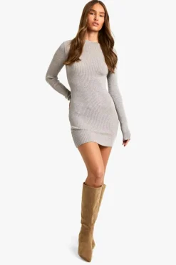 Jumper Dresses|Jumper Dresses*boohoo Metallic Mix Rib Knitted Mini Dress mocha