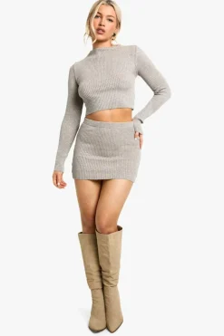 Knitted Tops*boohoo Metallic Mix Rib Knitted High Neck Top mocha