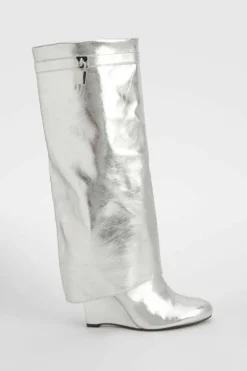 Over The Knee Boots|Knee High Boots*boohoo Metallic Padlock Detail Wedge Fold Over Knee Boots silver