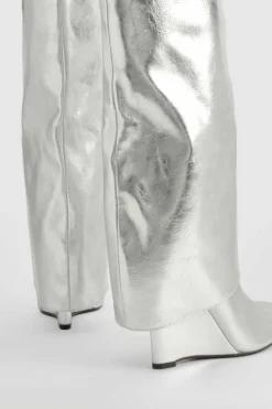 Over The Knee Boots|Knee High Boots*boohoo Metallic Padlock Detail Wedge Fold Over Knee Boots silver