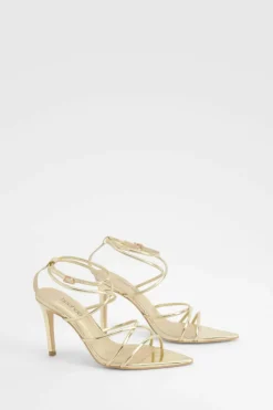 Heels*boohoo Metallic Patent Pointed Toe Strappy Heels gold