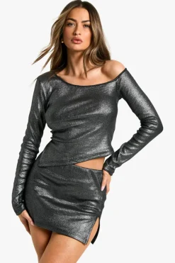Long Sleeve Tops*boohoo METALLIC RIB ASYM LONG SLEEVE TOP silver