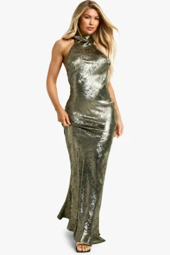Maxi Dresses|Dresses*boohoo Metallic Satin Halterneck Maxi Dress bronze