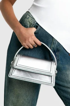 Handbags*boohoo Metallic Flapover Structured Grab Bag silver