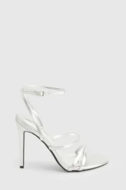 Heels*boohoo Metallic Skinny Strap Lace Up Stiletto Heels silver