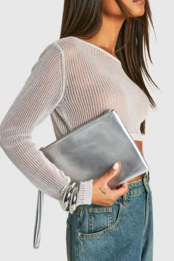 Handbags|Clutch Bags*boohoo Metallic Smooth Pu Zip Top Clutch Bag silver