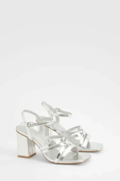 Heels*boohoo Metallic Square Toe Strappy Two Part Block Heels silver
