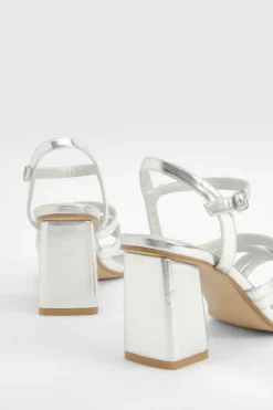 Heels*boohoo Metallic Square Toe Strappy Two Part Block Heels silver