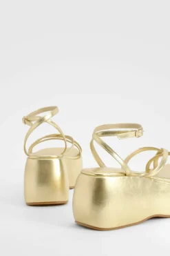 Sandals*boohoo Metallic Strappy Cross Front Flatform gold