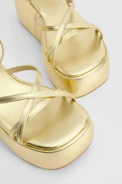 Sandals*boohoo Metallic Strappy Cross Front Flatform gold
