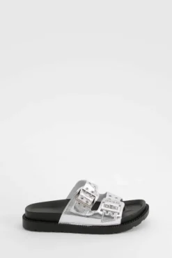 Sandals*boohoo Metallic Stud Detail Footbed Buckle Sliders silver