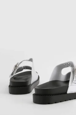 Sandals*boohoo Metallic Stud Detail Footbed Buckle Sliders silver