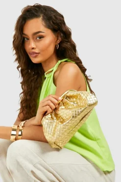 Woven Bags|Handbags*boohoo Metallic Woven Clutch Bag gold