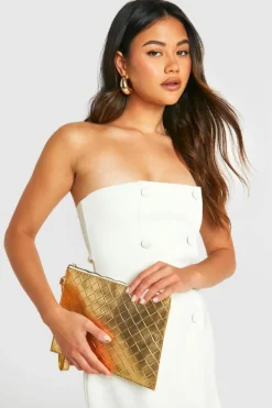 Woven Bags|Handbags*boohoo Metallic Woven Clutch Bag gold