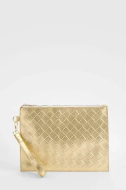 Woven Bags|Handbags*boohoo Metallic Woven Clutch Bag gold