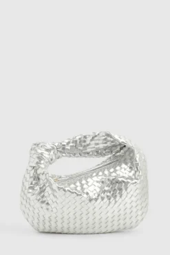 Woven Bags|Handbags*boohoo Metallic Woven Knot Handle Bag metallic silver