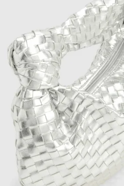 Woven Bags|Handbags*boohoo Metallic Woven Knot Handle Bag metallic silver