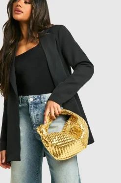 Woven Bags|Handbags*boohoo Metallic Woven Knot Handle Bag metallic gold