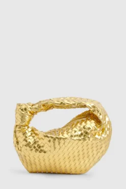 Woven Bags|Handbags*boohoo Metallic Woven Knot Handle Bag metallic gold