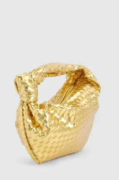 Woven Bags|Handbags*boohoo Metallic Woven Knot Handle Bag metallic gold