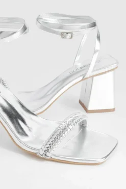 Sandals|Heels*boohoo Metallic Woven Strap Block Heel Sandals silver